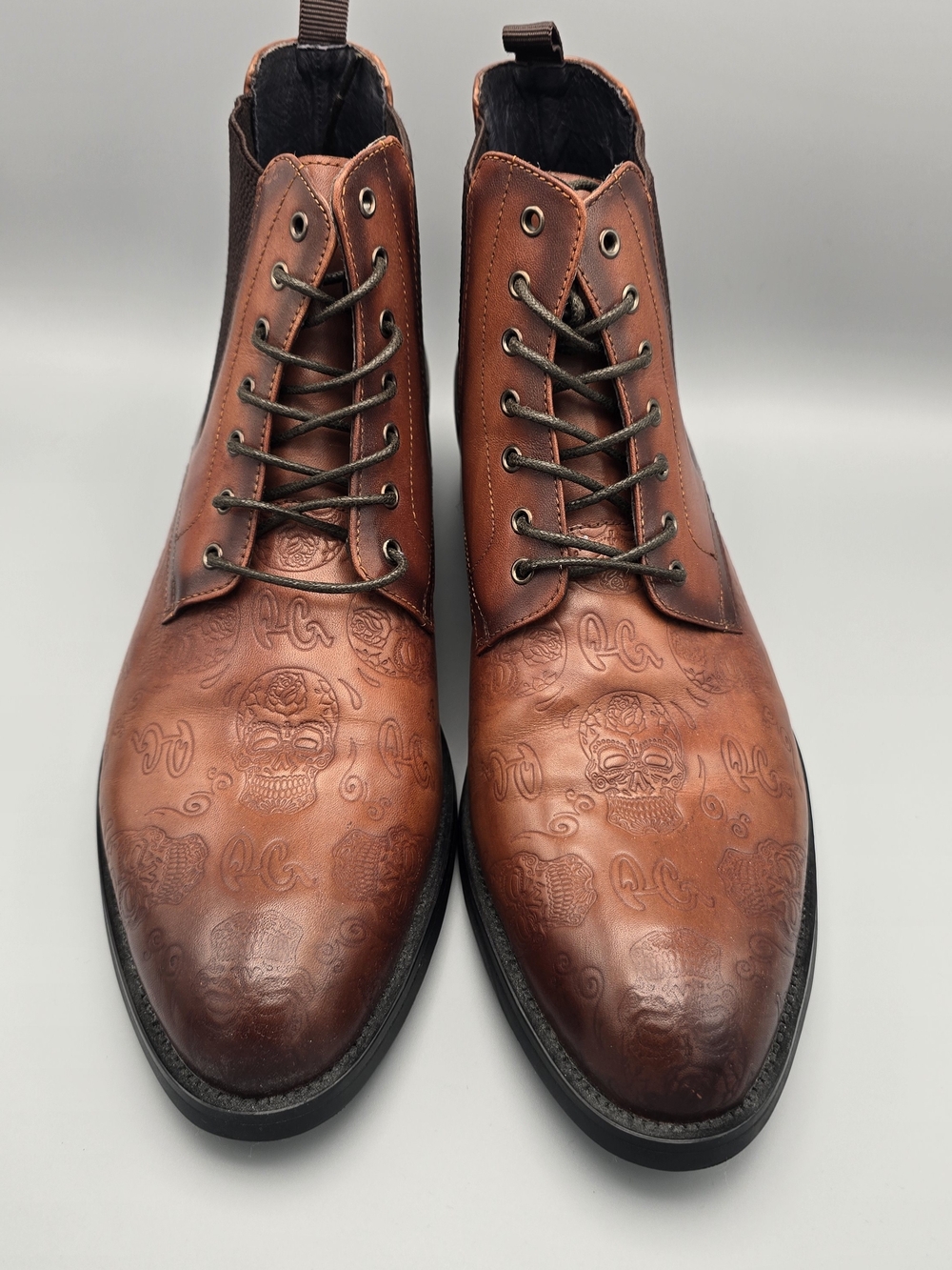 Men's Brown Leather Embossed Lace-Up Boots